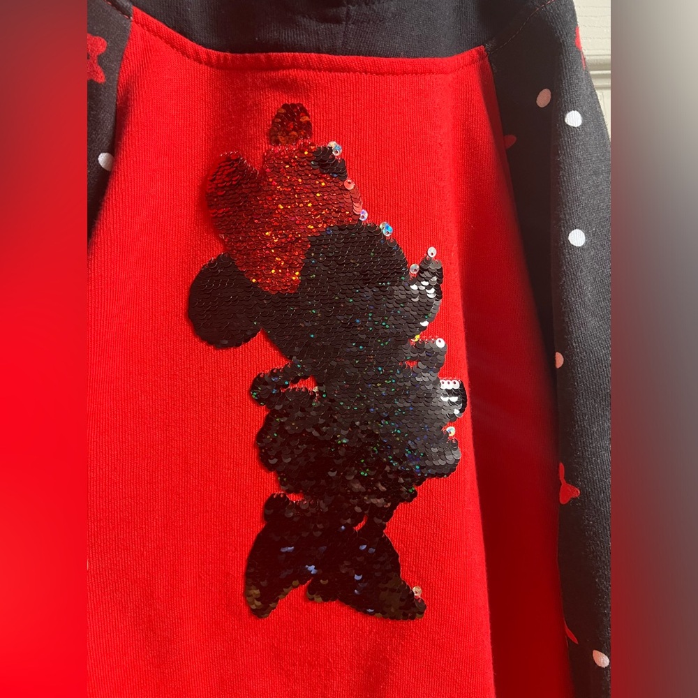 Disney Parks Minnie Mouse sequin bow dot hoodie sweatshirt black red kids L